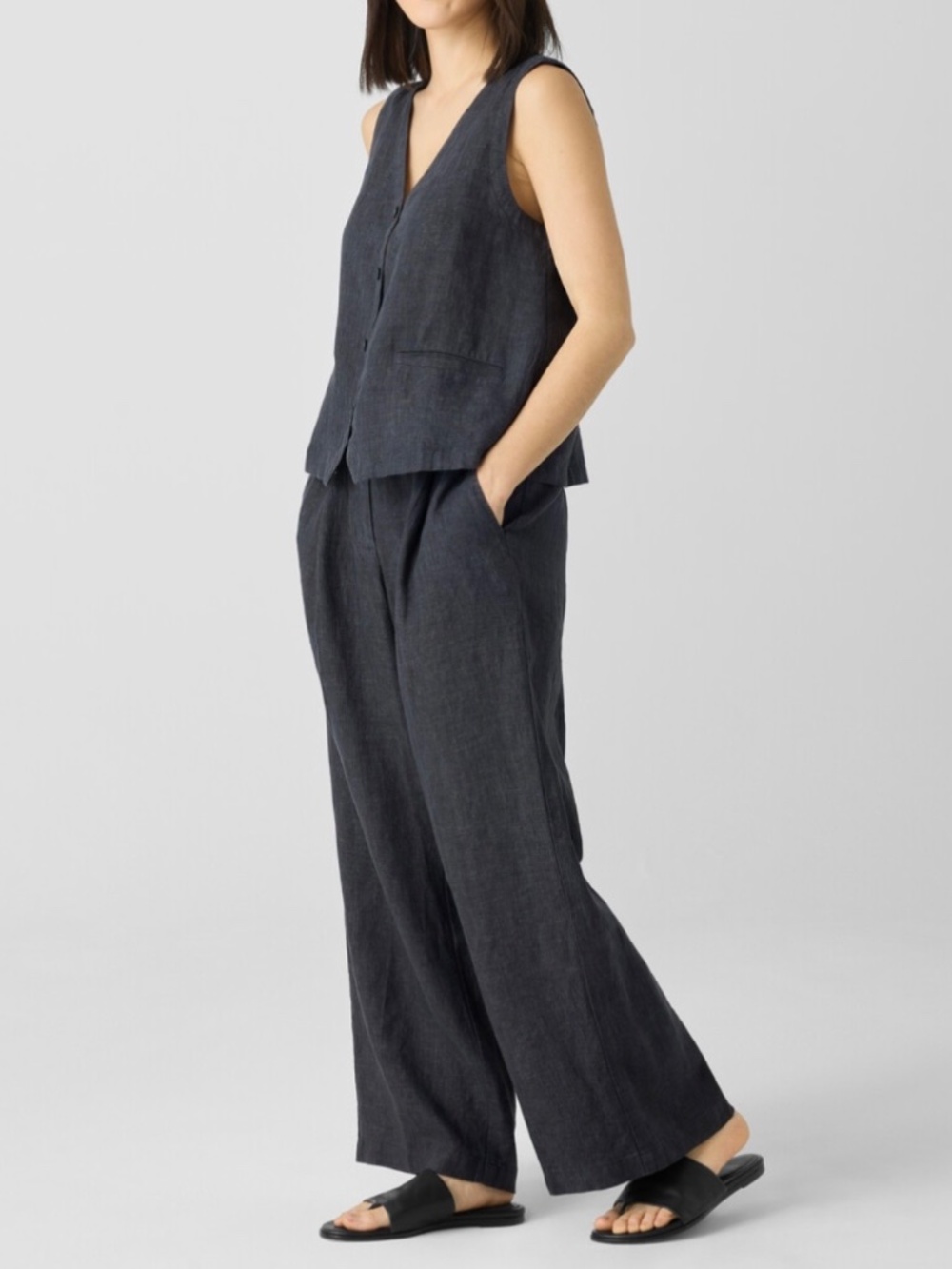 EILEEN FISHER Washed Organic Linen Délavé Trouser Pant Graphite SZ L - Picture 2 of 16